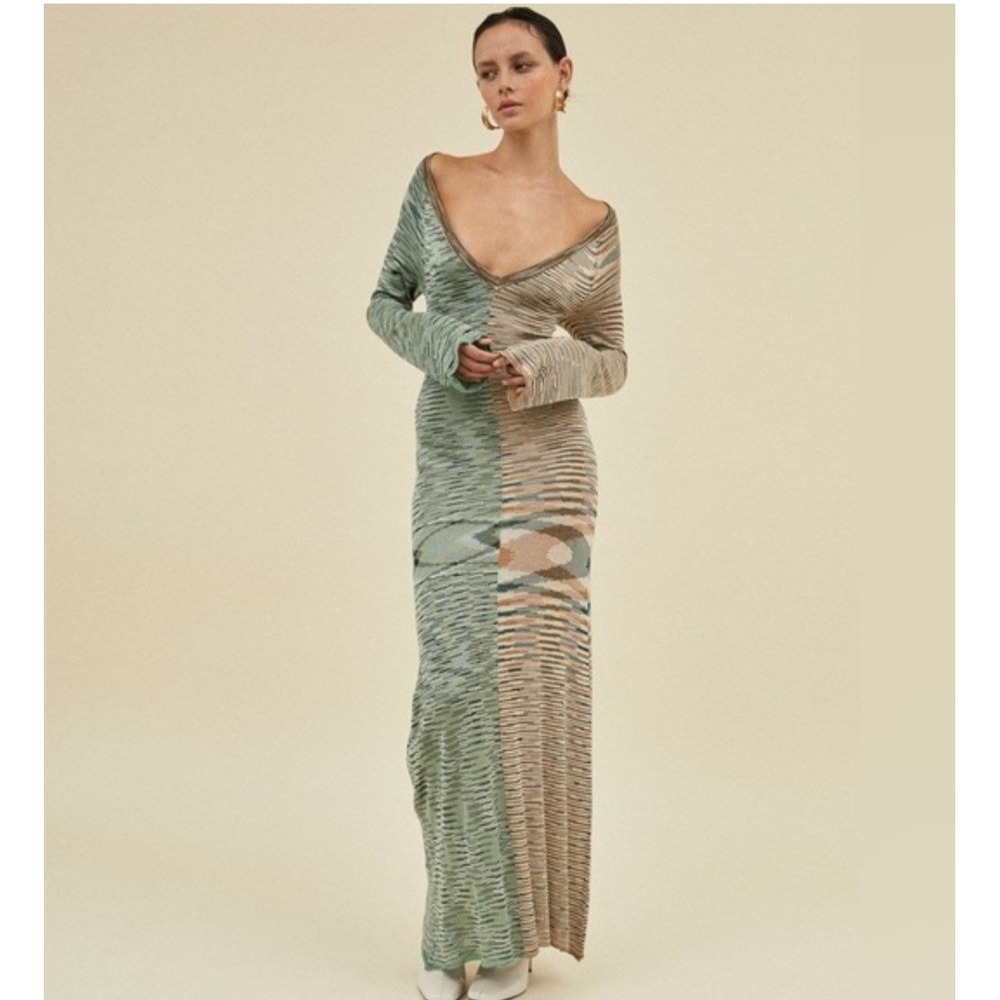 Kinga Csilla Green Tan Space Dye Knit V-Neck Maxi Dress Size Large Bohemian